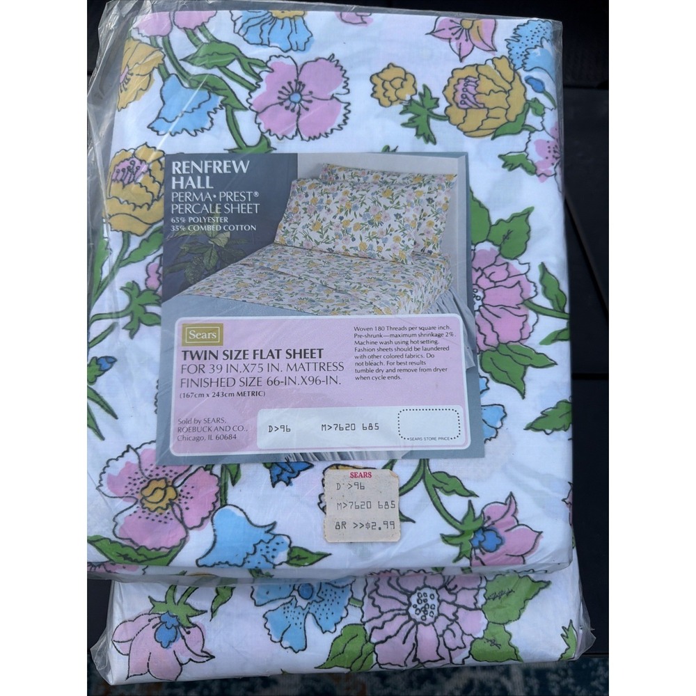 Sears Roebuck Renfrew Hall Perma Prest Percale Full Size Fitted Sheet Floral VTG